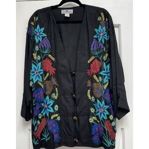 The Daily‎ Planet XL Wearable Art Black Embroidered Rayon Long Jacket